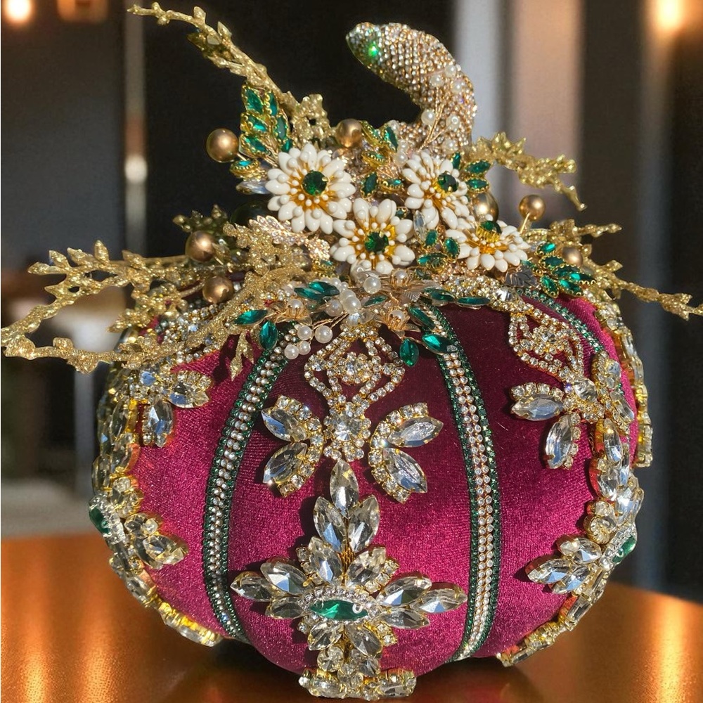 Hand Crafted Burgundy and Gold Holiday Decor. Halloween decor. Luxury pumpkin.